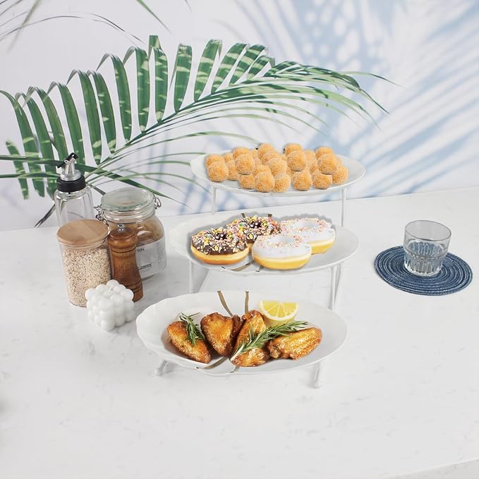 three-tier dining stand, including three 9.8-inch rectangular gold-rimmed plates, foldable and sturdy white metal stand for food display, fruit, desserts, party entertainment decoration