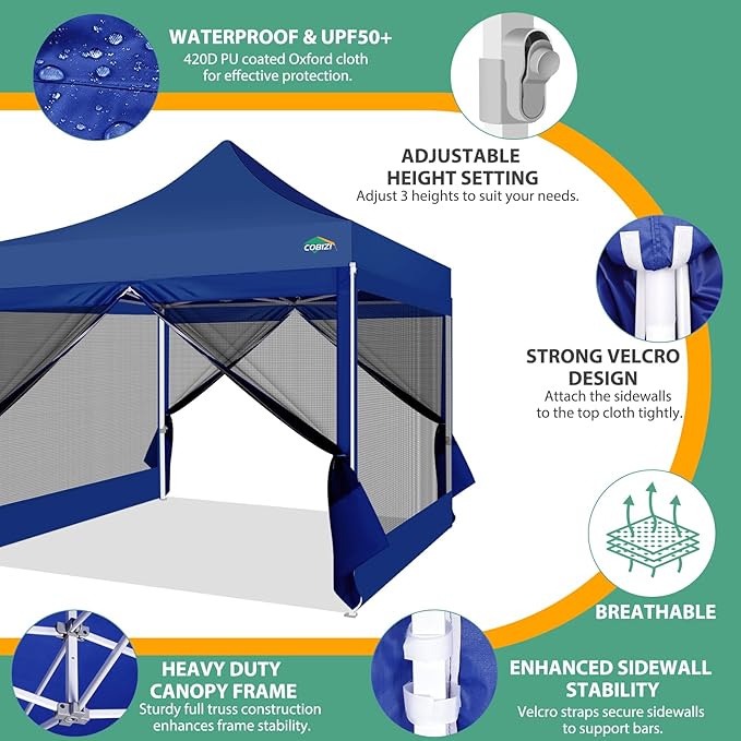 COBIZI 10x10 Canopy Tent with 4 Sidewalls,Heavy Duty Pop up Canopy with Mosquito Netting,Easy up Screen Tent for Parties Wedding Outdoor Camping with Handbag,Deep Blue