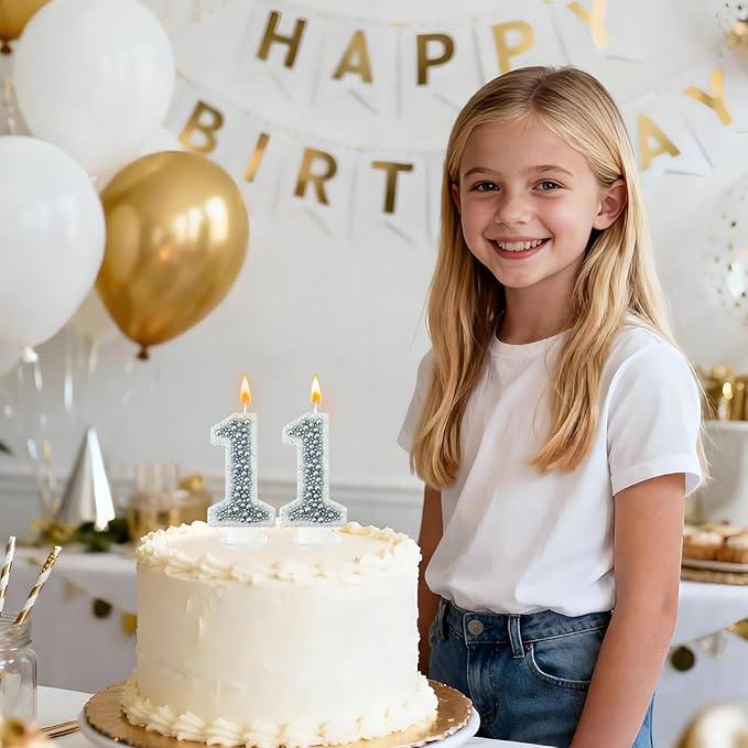 11 Birthday Number Candle for Cake, Glitter Number Candle with Silver Beads, Decorative Cake Topper for Milestone Celebrations