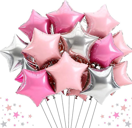 TONIFUL 15Pcs 18 Inch Large Silver Pink Star Shape Foil Balloons Big Stars Helium Mylar Ballons for Birthday Wedding Bridal Shower Anniversary Engagement Party Decorations Supplies