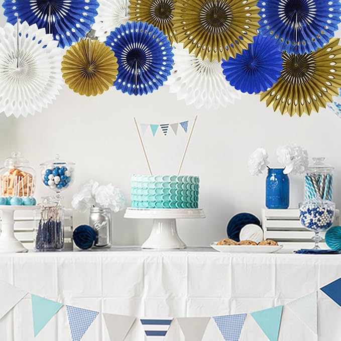 BEISHIDA Blue Gold White Hanging Honeycomb Round Paper Fans Decoration Set for New Year Graduation Birthday Wedding Bachelorette Baby Shower Backdrops Anniversary Paper Party Supplies（11packs）