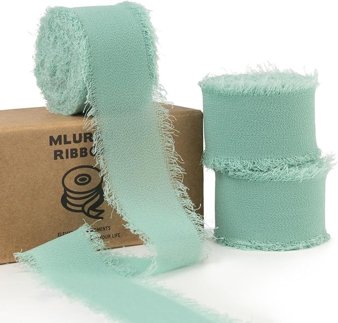 Dusty Green Chiffon Ribbon - 1 Inch x 21 Yards, Handmade Fringe, Silk, Boho Frayed, Gift Wrapping, Wedding Invitation, Bridal Flower Bouquets