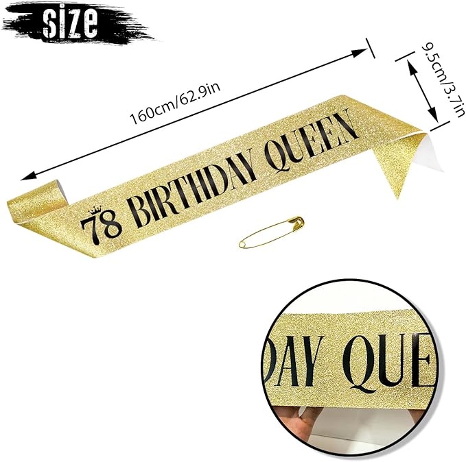 78 Birthday Queen 78th Birthday Sash for Women, Gold Glitter Sash with Black Foil