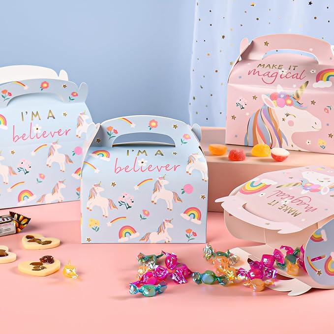 DjinnGlory 36 Pack Unicorn Party Favor Treat Boxes, Small Paper Gift Boxes for Baby Shower, Birthday, Christmas Party Supplies Decoration, Gable Boxes for Small Business 6.18 x 3.58 x 3.38 Inches