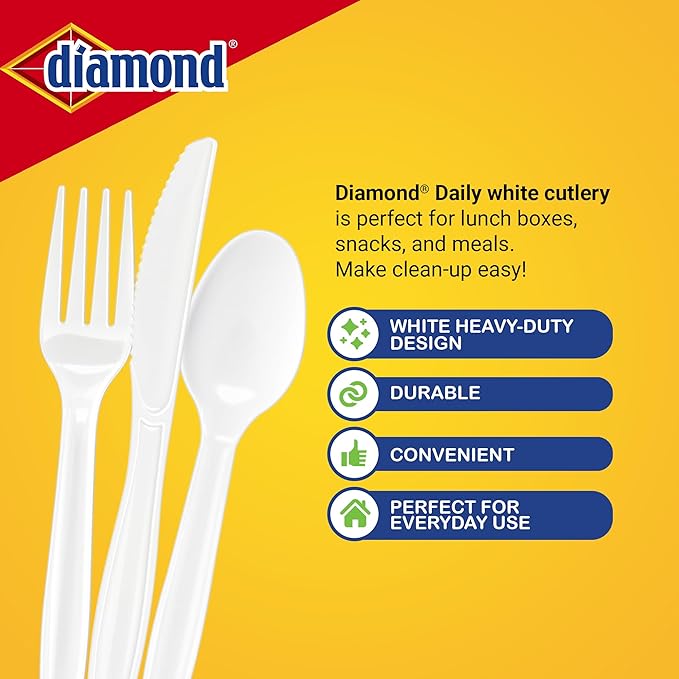 Diamond® Heavy Duty Disposable Cutlery Set 240 Count – 80 Forks, 80 Spoons, 80 Knives, Durable Plastic Utensils, Reusable Tray, Lunch, Parties, Events, Made in USA