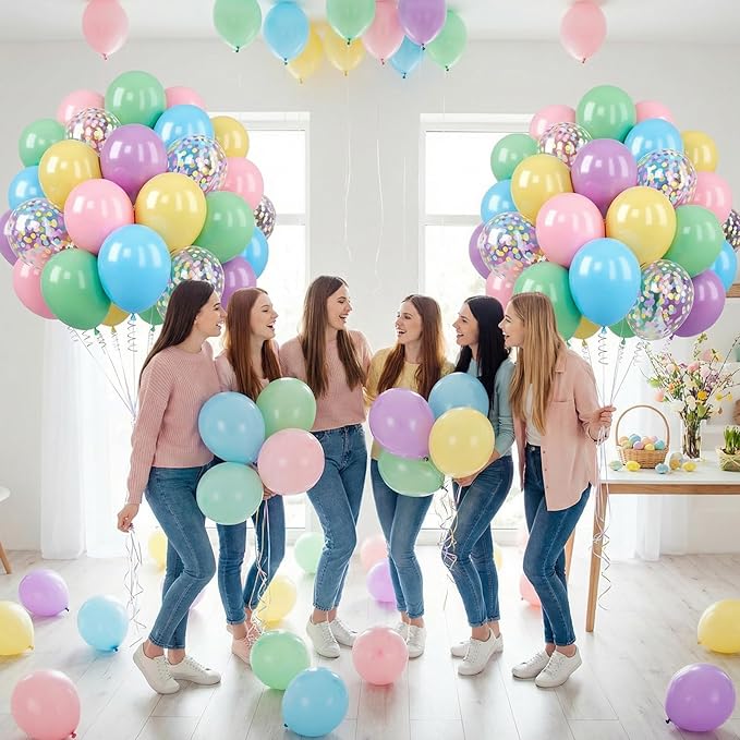 Pastel Balloons Set, 60PCS Macaron Light Pink Yellow Green Blue Purple Balloon, 12 Inch Colorful Confetti Balloons Rainbow Helium for Girls Easter Birthday Wedding Baby Shower Party Decorations