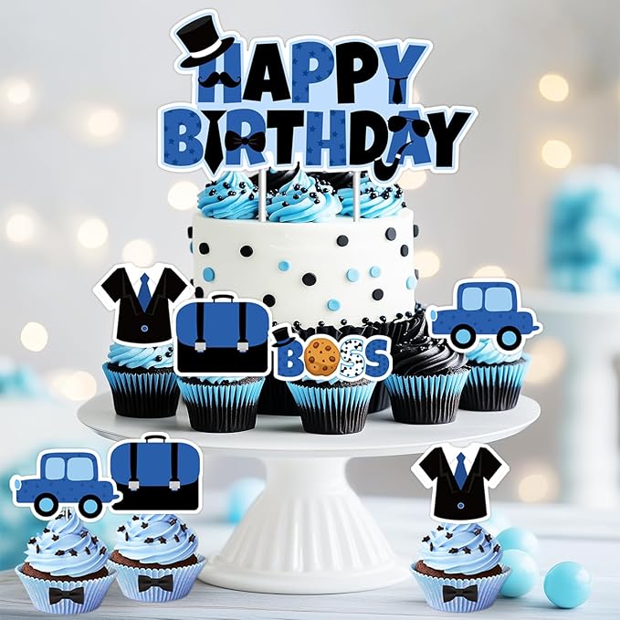 Boss Theme Cake Topper Blue Black Happy Birthday Boss Cake Toppers Boss Boy Baby Cupcake Toppers Boss Day Cake Decorations for Boys Baby Shower Gender Reveal Party 1st 2nd 3rd Birthday Party Supplies