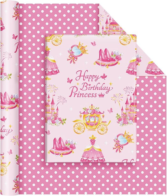 WERNNSAI Princess Castle Wrapping Paper - 1 roll 17”x33ft Happy Birthday Wrapping Paper Roll for Kids Girls Pink Carriage Castle Gift Wrap Roll Princess Theme Party Favor Polka Design