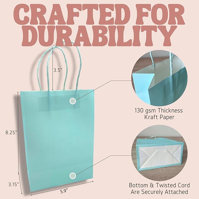 Bon et Beau Pastel Rainbow Paper Gift Bags 30 Packs - 6 Assorted Colors, 5.9 x 8.25 x 3.15 Inch Small Kraft Paper Party Favor Bags with Handles Perfect for Birthdays, Baby Showers, Weddings, and Holiday Parties