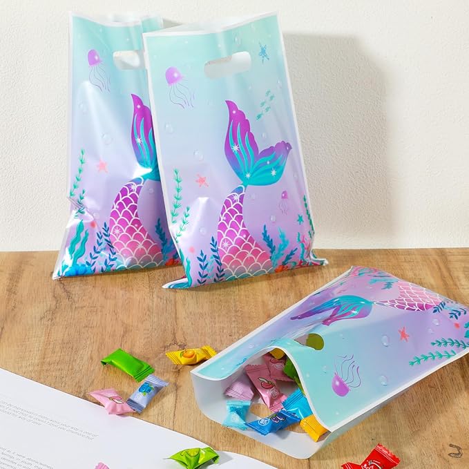Matwsec 50 Pcs Mermaid Goodie Bags Plastic Gift Bag Christmas for Party Favor Under The Sea Goodie Bag Mermaid Tail Treat Bags with Handles for Candy Girls Kids Birthday