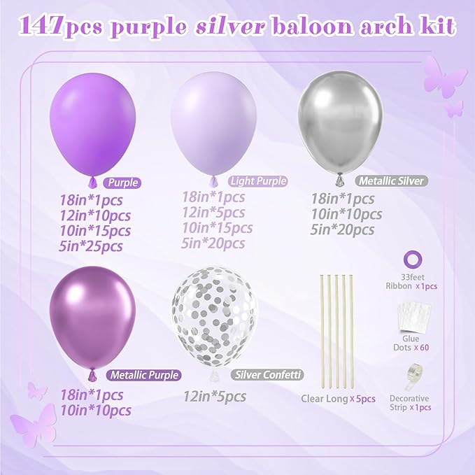 147pcs Purple and Silver Balloon Arch Kit, 18 12 10 5inch Light Purple Metallic Silver Balloons for Butterfly Birthday Lavender Wedding Baby Shower Party Decoration