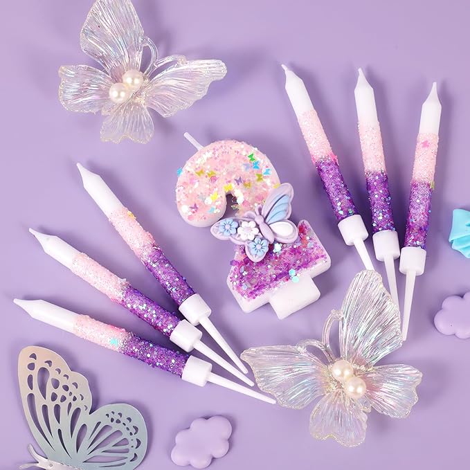 AKURIEEY Butterfly 2nd Birthday Candle Purple Number 2 Candle with 6 Pcs Long Candles for Girls Cake Topper Cupcake Decor Party Decoration Anniversary Celebrations Supplies