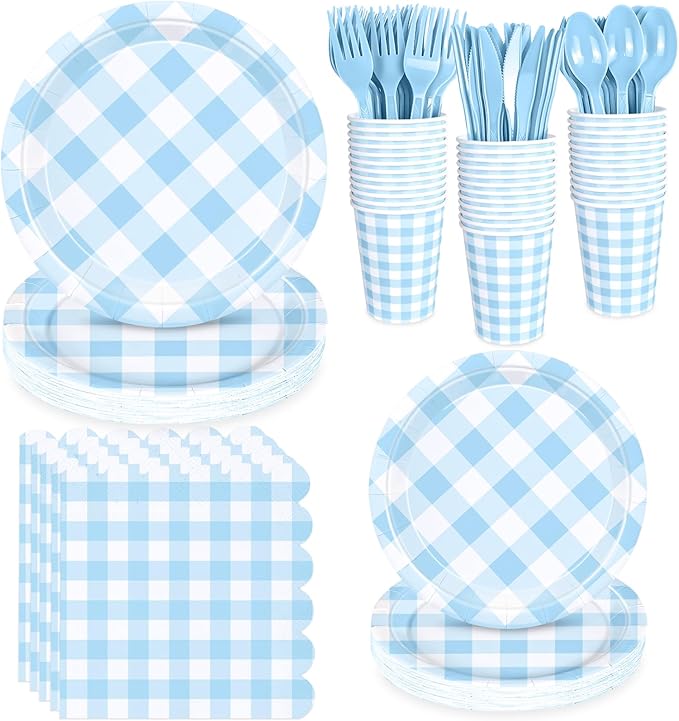 175 Pcs Gingham Party Supplies for 25 Guests, Paper Plates and Napkins Knives Spoons Forks Cups Disposable Party Set Cutlery for Baby & Bridal Shower, Wedding, Birthday Party, Outdoor Picnic ( Blue )
