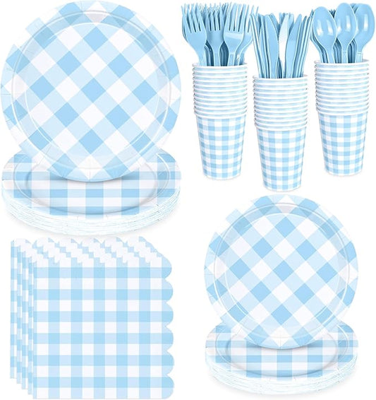 175 Pcs Gingham Party Supplies for 25 Guests, Paper Plates and Napkins Knives Spoons Forks Cups Disposable Party Set Cutlery for Baby & Bridal Shower, Wedding, Birthday Party, Outdoor Picnic ( Blue )