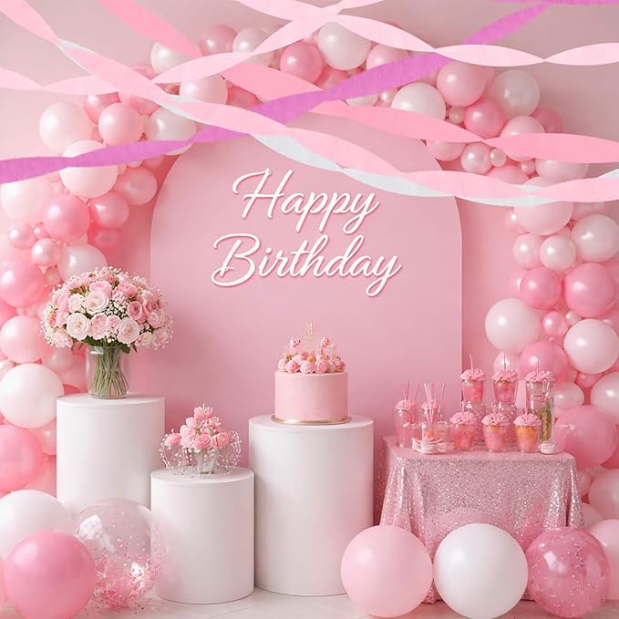Pink Crepe Paper Streamers Birthday Party Decorations(5 Rolls)- Light Pink, Baby Pink,Hot Pink,White Paper Crafts for Girls Women Coquette Pink Bow Mouse Kitty Cartoon Party Décor