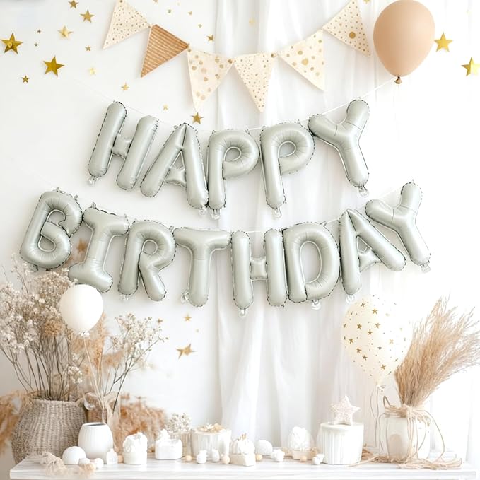 Beige Happy Birthday Balloon Banner 16 Inch - Foil Happy Birthday Letters Balloons Neutral Decor for Men Women Birthday Party Decorations, Reusable Birthday Sign Supplies
