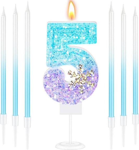 MTLEE Number 5 Birthday Candle Blue Snowflake with 6 Long Thin Cupcake Candles Blue Sparklers Glitter Number Happy Birthday Cake Topper Decorations for Winter Party Supplies