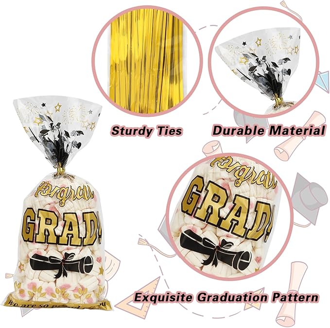 Leislam Graduation Treat Bags, Graduation Cellophane Treat Bags, 100 PCS Graduations Gift Bag, Plastic Clear Cello Candy Cookie Snack Goodies Bag with 100 Pcs Gold Ties for Graduations Party Favors Supplies, 4 Styles