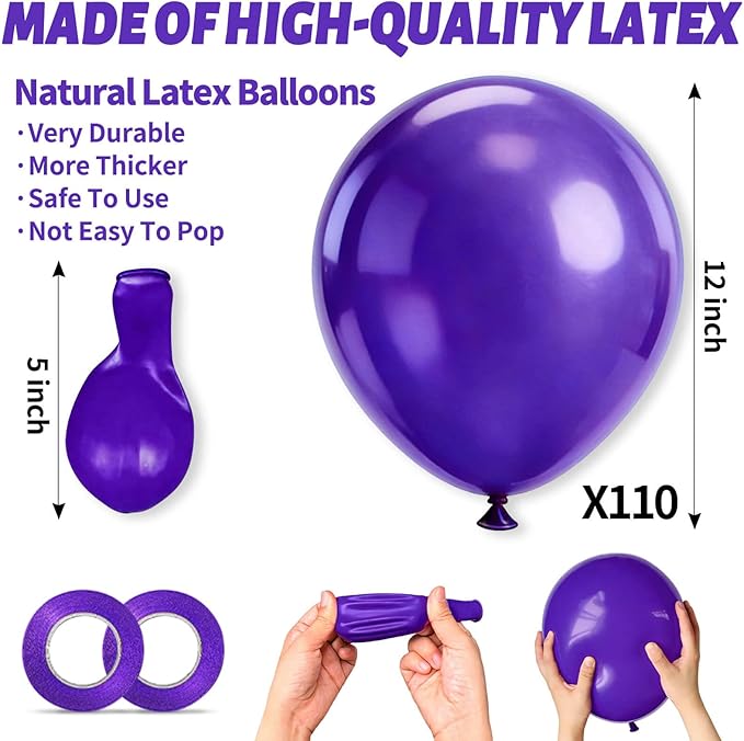 110pcs Purple Balloons 12 inch, Purple Latex Balloons for Birthday Party Baby Shower Wedding(with 2 Ribbons).