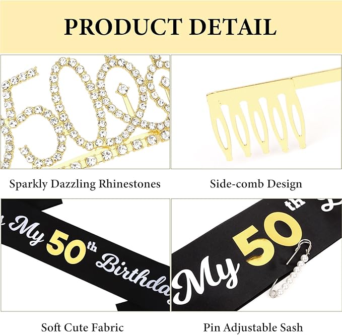 CAVETEE Gold Birthday Crown and Tiara for Women, Sash for Girls - Birthday Party Decoration