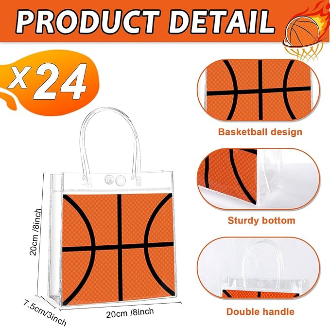24Pcs Basketball Clear PVC Gift Bags with Handles Bulk 8 x 8 x 3In Sport Theme Goodie Treat Candy Bags Basketball Team Present Wrap Tote Bag for Boys Birthday Party Favor Baby Shower Decors Supplies