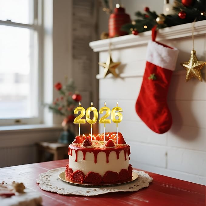 Graduation Candle 2026, 4 Pcs 3D Visual 2026 Gold Number Candles for Graduation Cake Decorations, Class of 2026 Cake Topper, 20, 22, 26, 60, 62 Birthday Candles Happy Birthday Cake Toppers