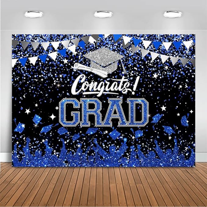 Mocsicka Graduation Party Decorations 2026 Congrats Grad Backdrops for Photography Bachelor Cap Congratulations Grad Photo Backdrop Graduation Prom Party Supplie (Blue and Silver, 10x8ft(120x96 inch))