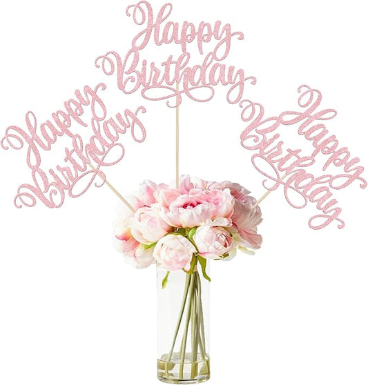 12 PCS Happy Birthday Centerpiece Sticks Double Sided Glitter Happy Birthday Table Flower Centerpieces Decorations for Celebrating Anniversary Theme Party Centerpieces Supplies Light Pink