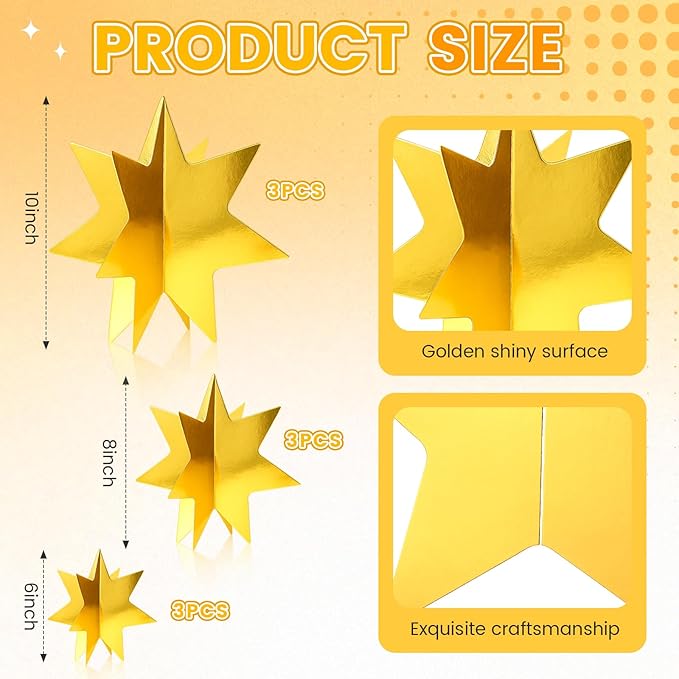 AmazingSpark 9 Pcs Large Star Centerpieces 3D Gold Star Table Decorations in 3 Sizes 10" 8" 6" for Birthday Party Baby Shower Gathering Carnival Ceremony Graduation Movie Night Supplies (Gold)