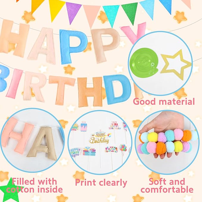 43PCS Pre-Strung 3D Felt Happy Birthday Banner, Macaron Color Happy Birthday Fabric Banner Felt Pom Garland Triangle Fabric Happy Birthday Banner for Handmade Felt Reusable Birthday Banner Supplies