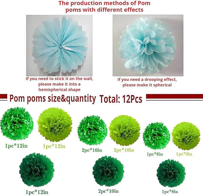 Green Tissue Paper Pom Poms 12Pcs- Hanging Paper Flowers for Wedding Birthday Graduations Christmas and Special Occasions(8 &10 & 12 inch)