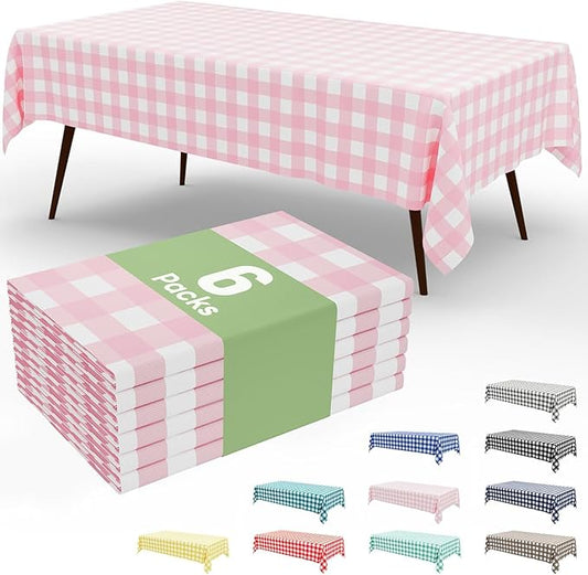 Smiry 6 Pack Pink Gingham Disposable Tablecloths - 54" x 108" Heavy Duty Plastic Table Cloth, Waterproof Buffalo Plaid Table Covers for Picnic, Banquets, Outdoor Parties
