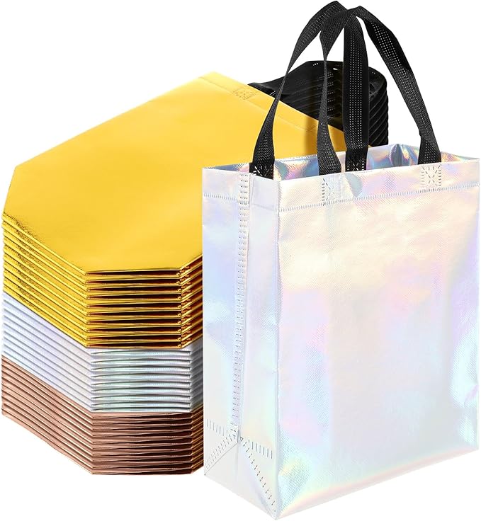 30pcs High-grade Gift Bags Medium with Handles-Mix Color(10xGolden Rose,Golden Yellow,Iridescent),Reusable Gift bags,Bulk Gift Bags with Handles,Party Favor bags,Ideal for Wedding,Birthday(8X4X10)