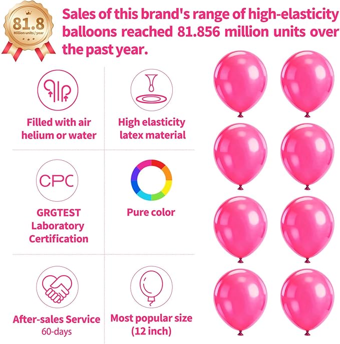 110pcs Hot Pink Balloon 12 inch, Hot Pink Latex Balloons for Birthday Party Baby Shower Wedding(with 2 Ribbons).
