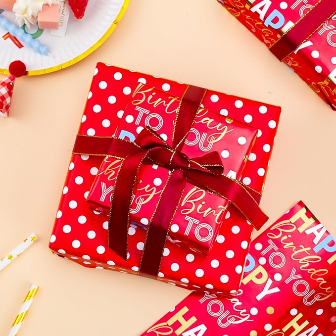 MAYPLUSS Reversible Red Birthday Wrapping Paper Roll - 17 Inch X 33 Feet - Glitter Happy Birthday Lettering Metallic Foil Paper Boy Gift Wrap w/Polka Dot for Party Father's Day Halloween's Day