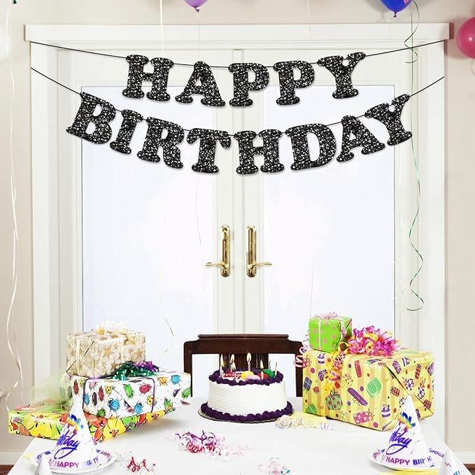 Black Happy Birthday Banner Birthday Party Decorations Happy Birthday Banner Bunting Garland Sign for Kids Boys Girls Adults Birthday Baby Shower Celebration Party Backdrops Supplies