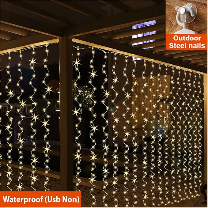 ZSJWL 300 LED Curtain Fairy Lights with Remote, 8 Modes 9.8 × 9.8 Ft Curtain String Light USB Plug in, Twinkle Silver Wire Lights for Bedroom Window Chrismas Wedding Party, Warm White