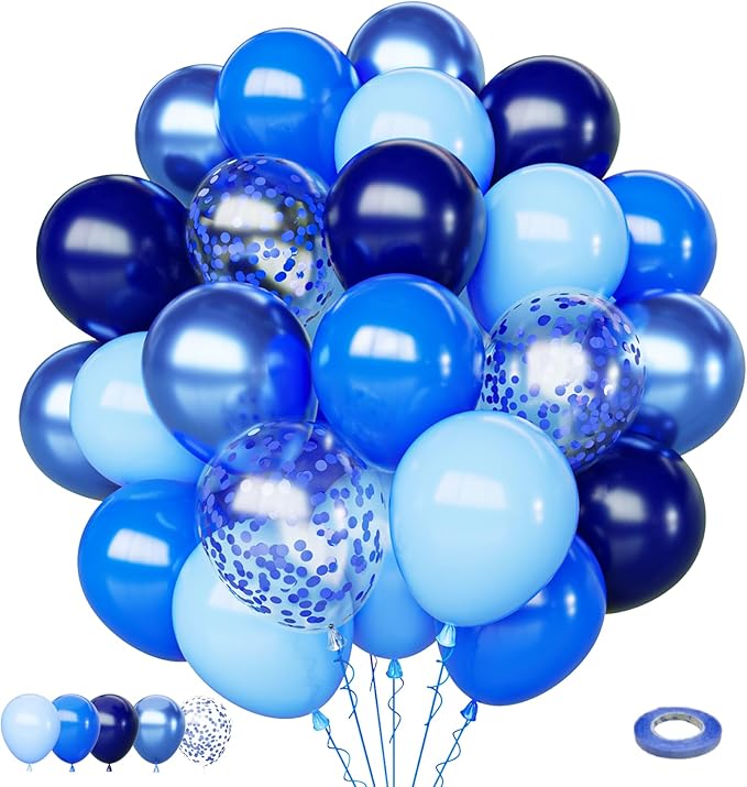 Blue Balloons Set, 65pcs 12 inch Metallic Blue Balloons Navy Blue Blue Confetti Macaron Baby Blue Latex Balloons for Birthday Baby Shower Graduations Party Decorations