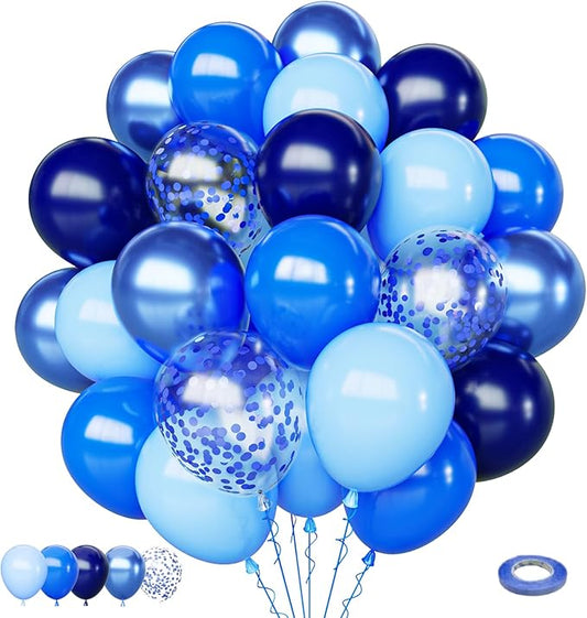 Blue Balloons Set, 65pcs 12 inch Metallic Blue Balloons Navy Blue Blue Confetti Macaron Baby Blue Latex Balloons for Birthday Baby Shower Graduations Party Decorations