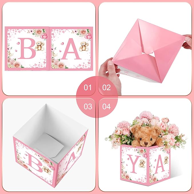 Bucherry 6 Pcs Baby Shower Centerpieces with Letters, 7" Baby Blocks Flower Boxes for Table Decorations, Gender Reveal Party Supplies & Photo Props(Pink,Pink Bear)