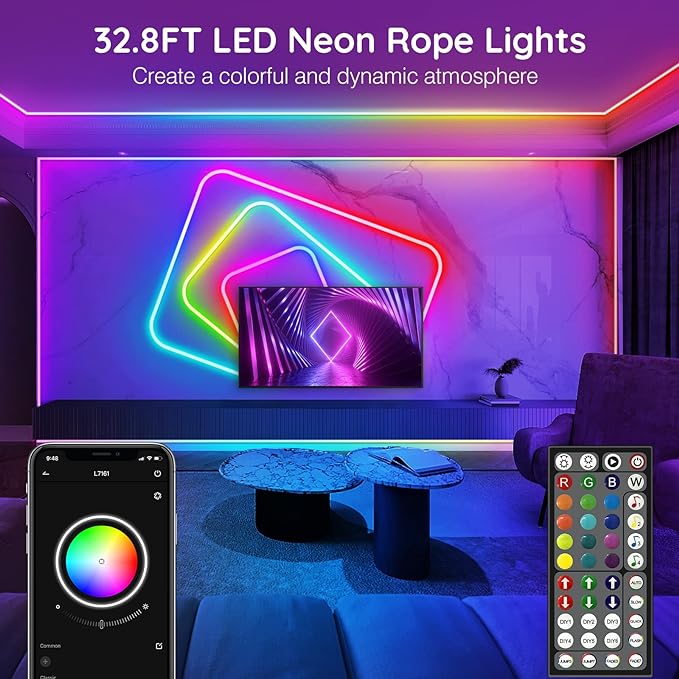 32.8Ft Neon Rope Lights,Flexible Led Rope Lights Control with App/Remote,Multiple Modes RopeLights,IP65 Outdoor RGB Led Neon Lights NonWater Resistant,Music Sync Gaming Led NeonLight Strip