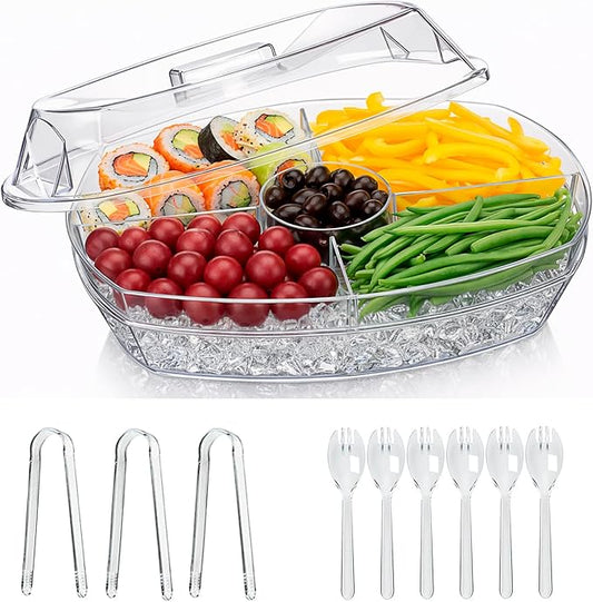 Chilled Serving Tray with Lid, 15” Large Fruit & Vegetable Platter Tray with Ice Compartment, Party Serving Platter with 6 Forks & 3 Tongs, Cold Food Serving Tray for Parties