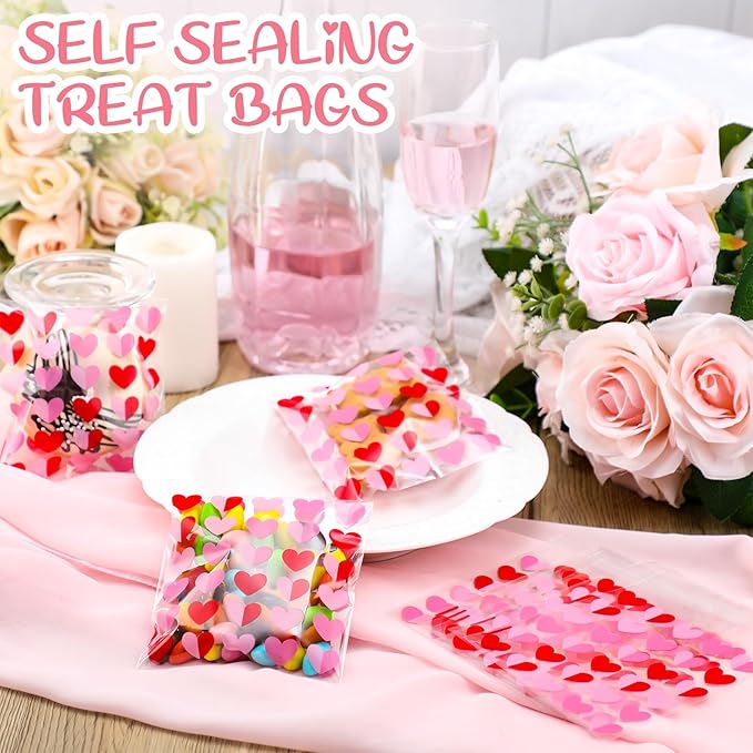 Supervitae 200 Pcs Valentines Cellophane Cookie Bags Bulk 4 x 4 Inch Heart Cellophane Bags Self Adhesive Clear Treat Goodie Gift for Valentine's Day Party Supplies Snacks Bakery Cookie Packaging
