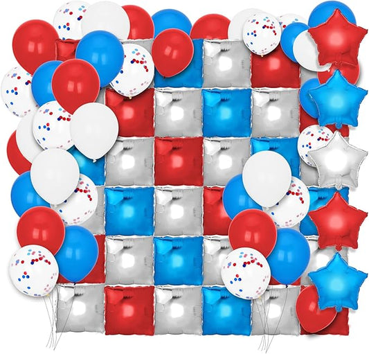 187 Pcs Red and Blue Silver Square Foil Balloons Wall Backdrop & Red White and Blue Balloon Arch Kit, Red White and Blue Decorations For 4th of July Veteran' s Day labor day Nautical birthday Party