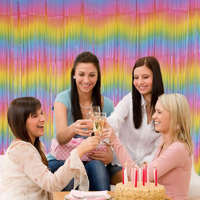 PIGETALE Pastel Rainbow Foil Fringe Curtains, 2Pcs 3.2x8.2ft Metallic Tinsel Foil Streamers Colourful Photo Booths Props Backdrop for Easter Princess Birthday Wedding Engagement Party Decorations
