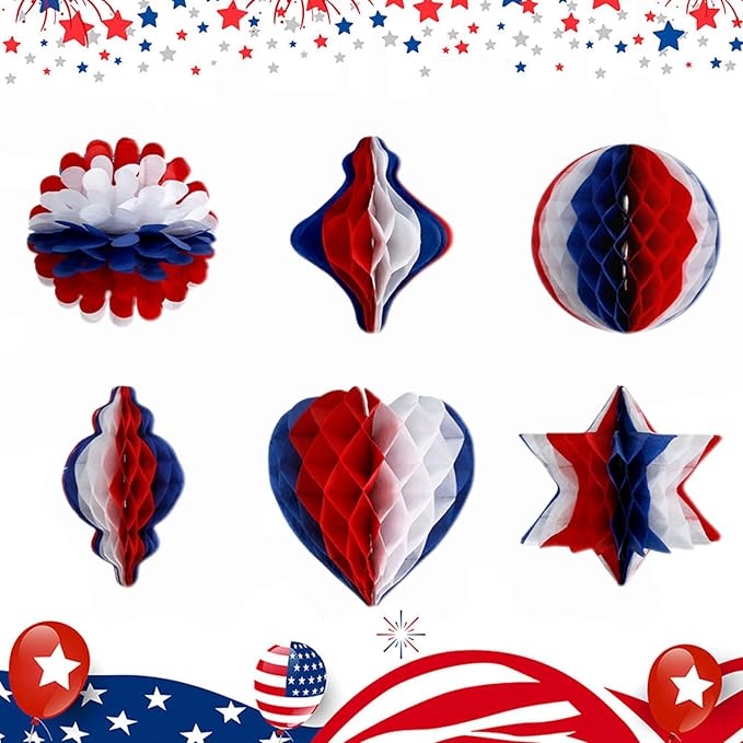 4th of July Decor - Independence Day Honeycomb Pendant Decor Red Blue and White Paper Fans Poms for Fourth of July Patriotic Decorations Wedding Graduation Independence Day 6 Count