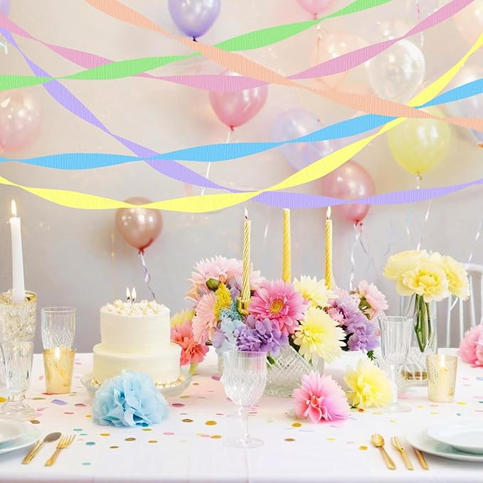 6 Crepe Paper Streamers Rolls, 492ft 6 Pastel Colors Crepe Paper Party Supplies for Birthday Wedding Spring Themed Party Decorations, DIY Crafts Supplies (1.8 inch x 82 ft/Roll)