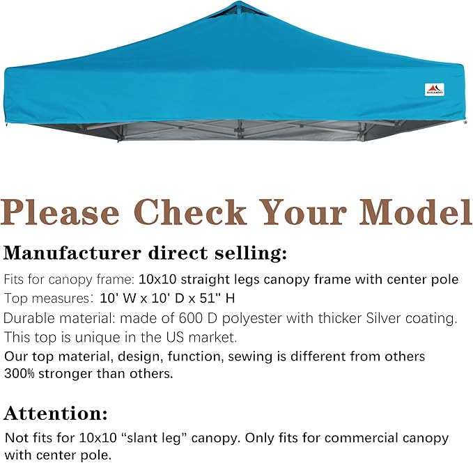 SCOCANOPY Commercial 10x10 Pop Up Canopy Replacement Cover Top with Air Vent,Canopy Cover ONLY, (Turquoise)