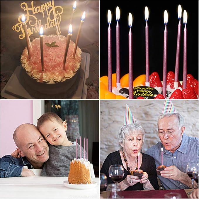 12 Count Long Thin Champagne Pink Birthday Cake Candles in Holders for Birthday Wedding Party Cupcake Decorations Tall Candles