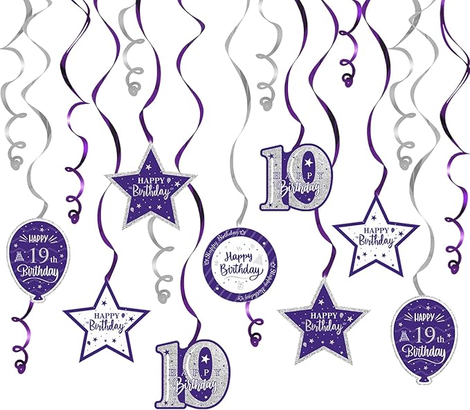 Happy 19th Birthday Purple & Silver Glitter Swirls Streamers Party Decorations - 15 Pcs 19th Birthday Hanging Swirls Streamers Kit,Cheers to Nineteen Years Old Bday Party Sign.
